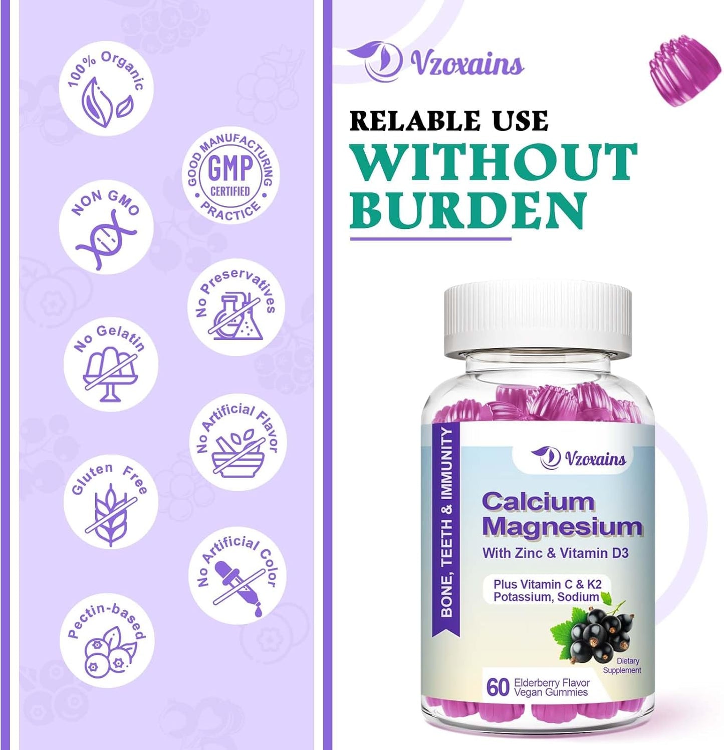 VZOXAINS Elderberry Flavored Calcium Gummies with Potassium and Vitamin D3 - Vegan Sugar Free Supplement for Bone Strength and Muscle Function - 120 Count