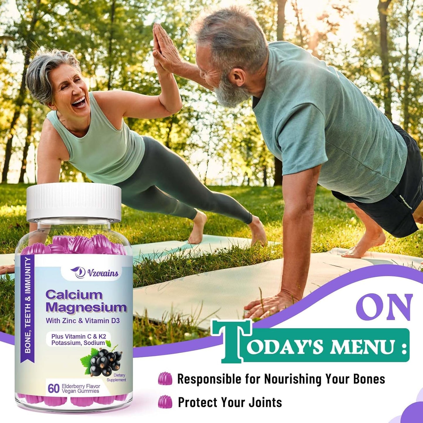 VZOXAINS Elderberry Flavored Calcium Gummies with Potassium and Vitamin D3 - Vegan Sugar Free Supplement for Bone Strength and Muscle Function - 120 Count
