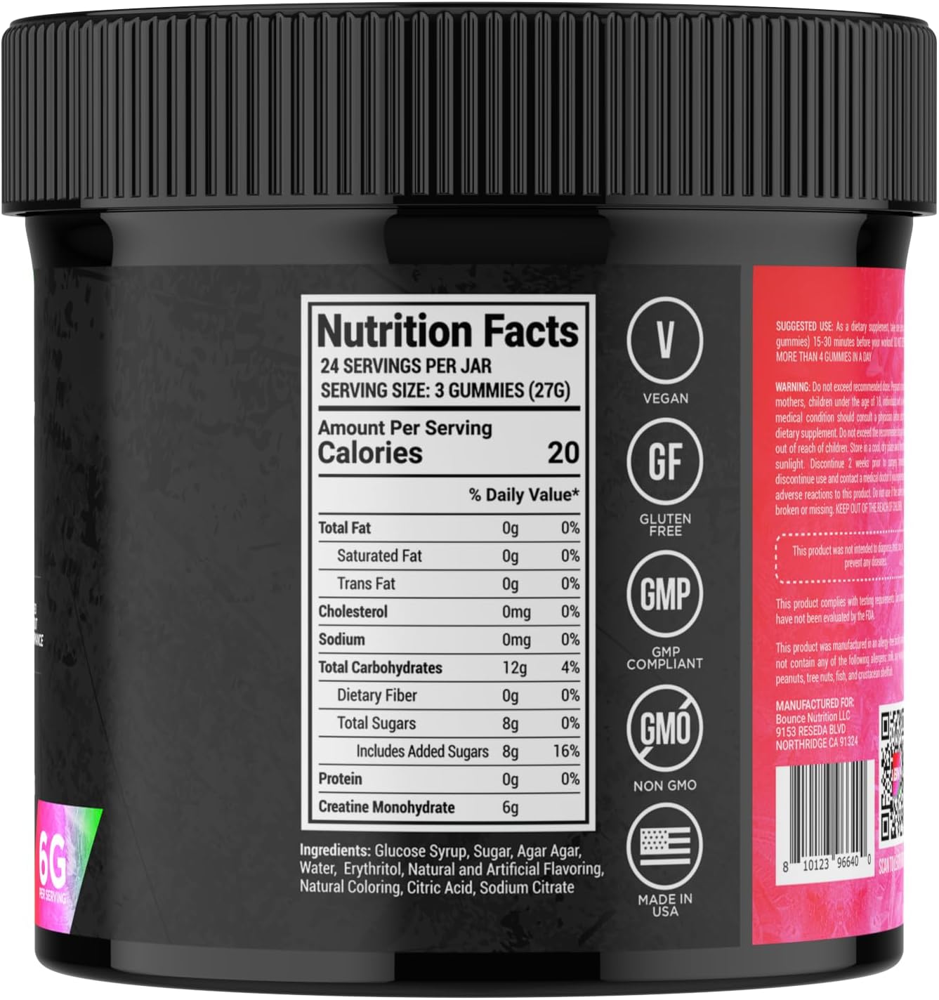 Watermelon Flavored Bounce Pro Creatine Gummies - 72ct, 6g of Creatine per Serving, Vegan & Gluten-Free, Non-Melting Formula for Men & Women