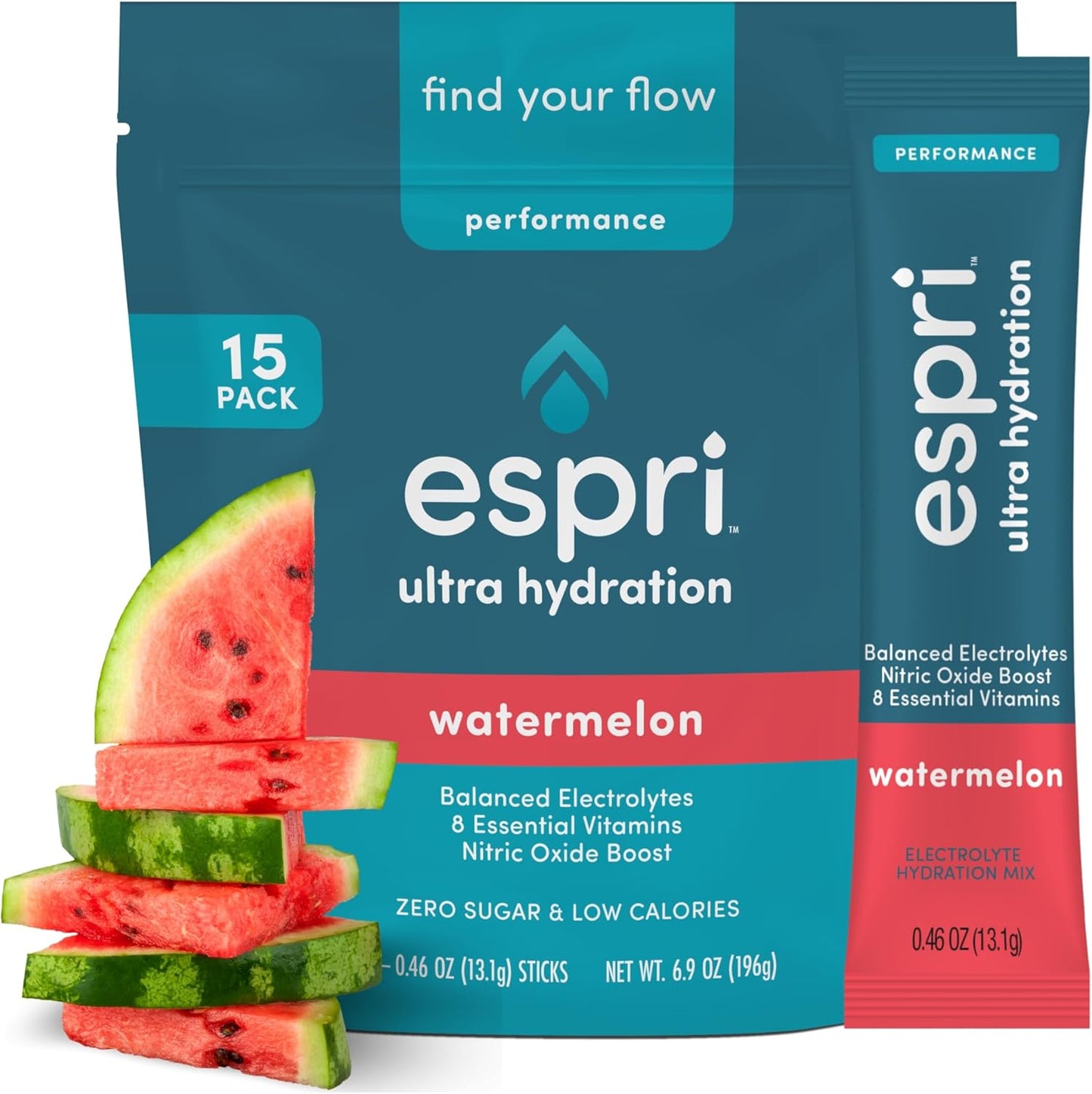 Watermelon Flavored ESPRI Zero Sugar Electrolyte Drink Mix with Magnesium Citrate for Hydration and Muscle Cramp Prevention, 15 Day Supply