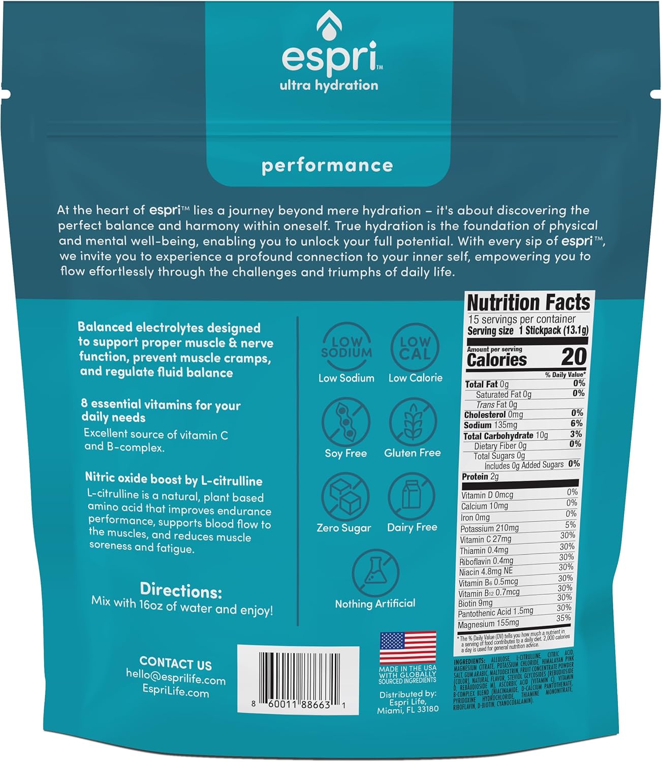 Watermelon Flavored ESPRI Zero Sugar Electrolyte Drink Mix with Magnesium Citrate for Hydration and Muscle Cramp Prevention, 15 Day Supply