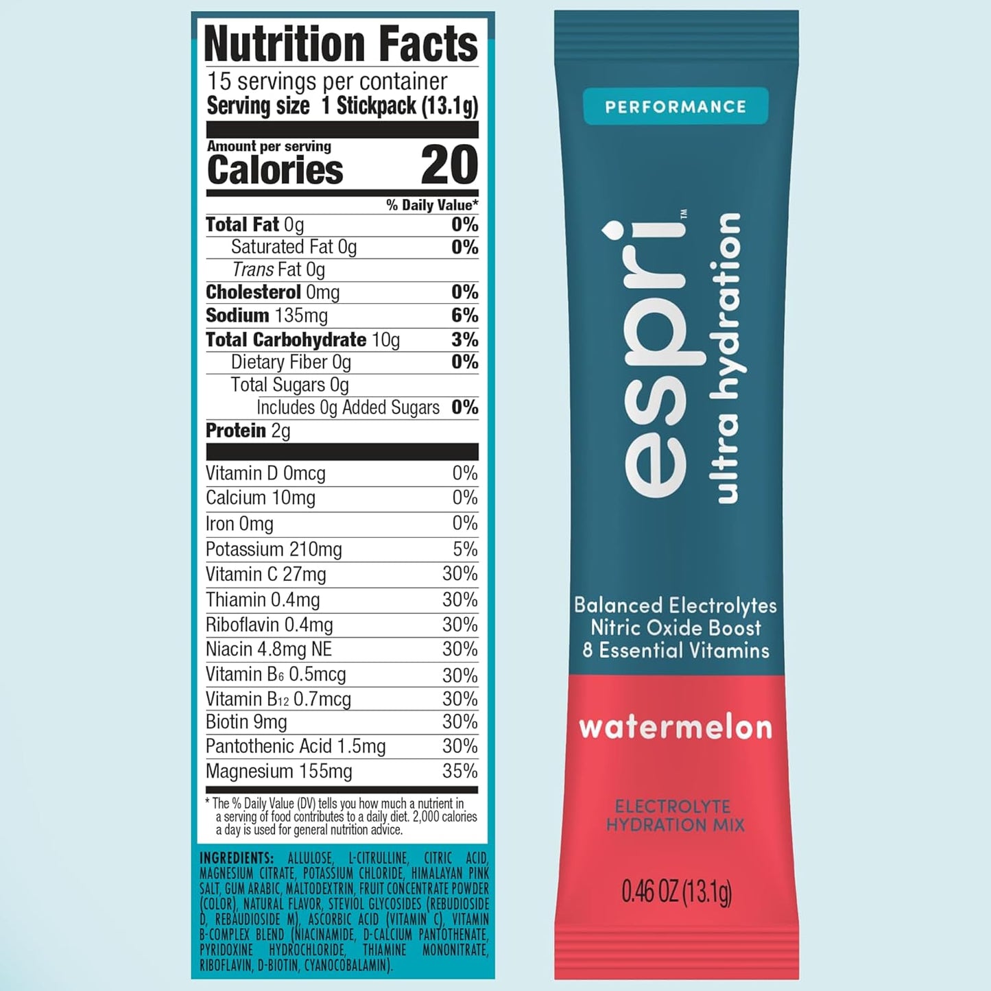 Watermelon Flavored ESPRI Zero Sugar Electrolyte Drink Mix with Magnesium Citrate for Hydration and Muscle Cramp Prevention, 15 Day Supply