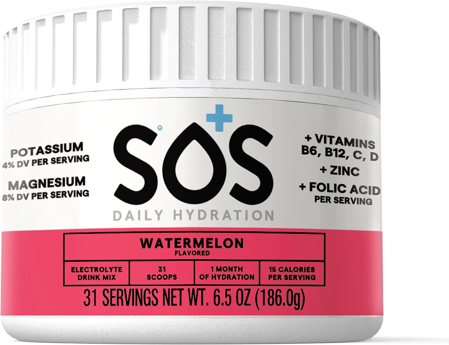 Watermelon Flavored SOS Hydration Electrolyte Powder - 31 Servings, Low-Calorie & Rapid Rehydration - Keto & Vegan Friendly - Made in USA