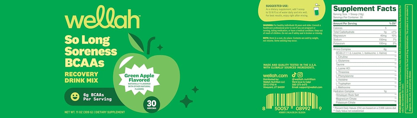 Wellah Green Apple Flavored BCAA Powder for Soreness Relief and Hydration - 30 Servings