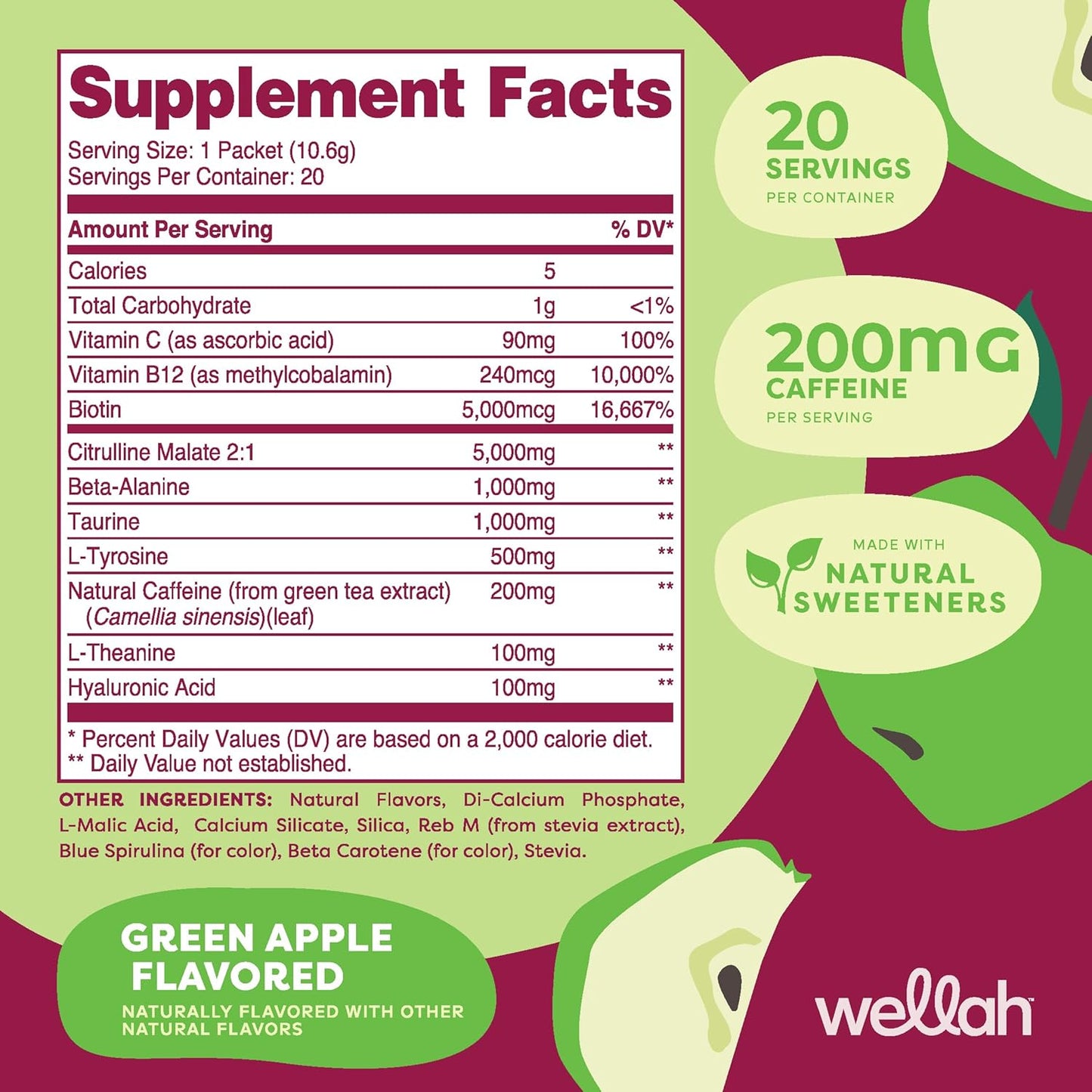 Wellah Green Apple Pre-Workout Stickpacks - 20 Servings, Energy Boost for Exercise
