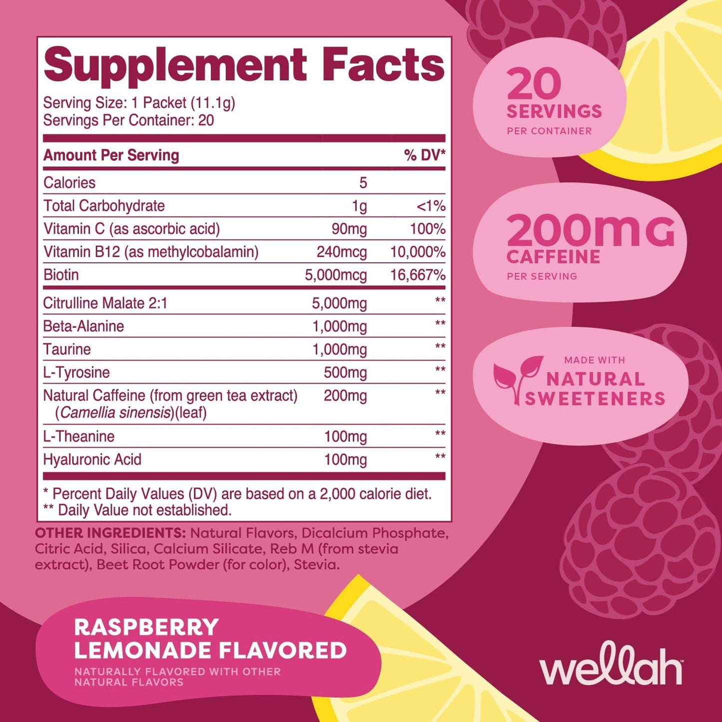 Wellah Raspberry Lemonade Pre-Workout Stickpacks - 20 Servings for Energy Boost & Stamina