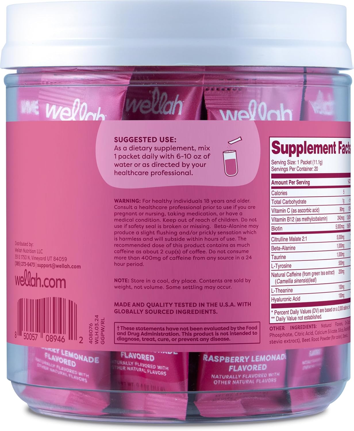 Wellah Raspberry Lemonade Pre-Workout Stickpacks - 20 Servings for Energy Boost & Stamina