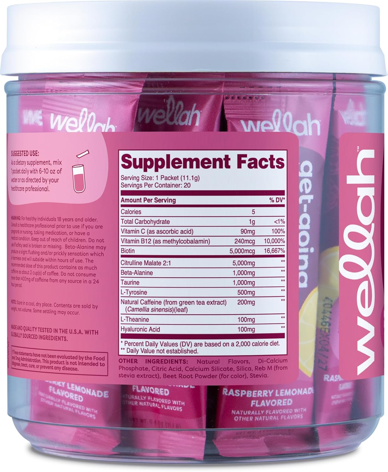 Wellah Raspberry Lemonade Pre-Workout Stickpacks - 20 Servings for Energy Boost & Stamina