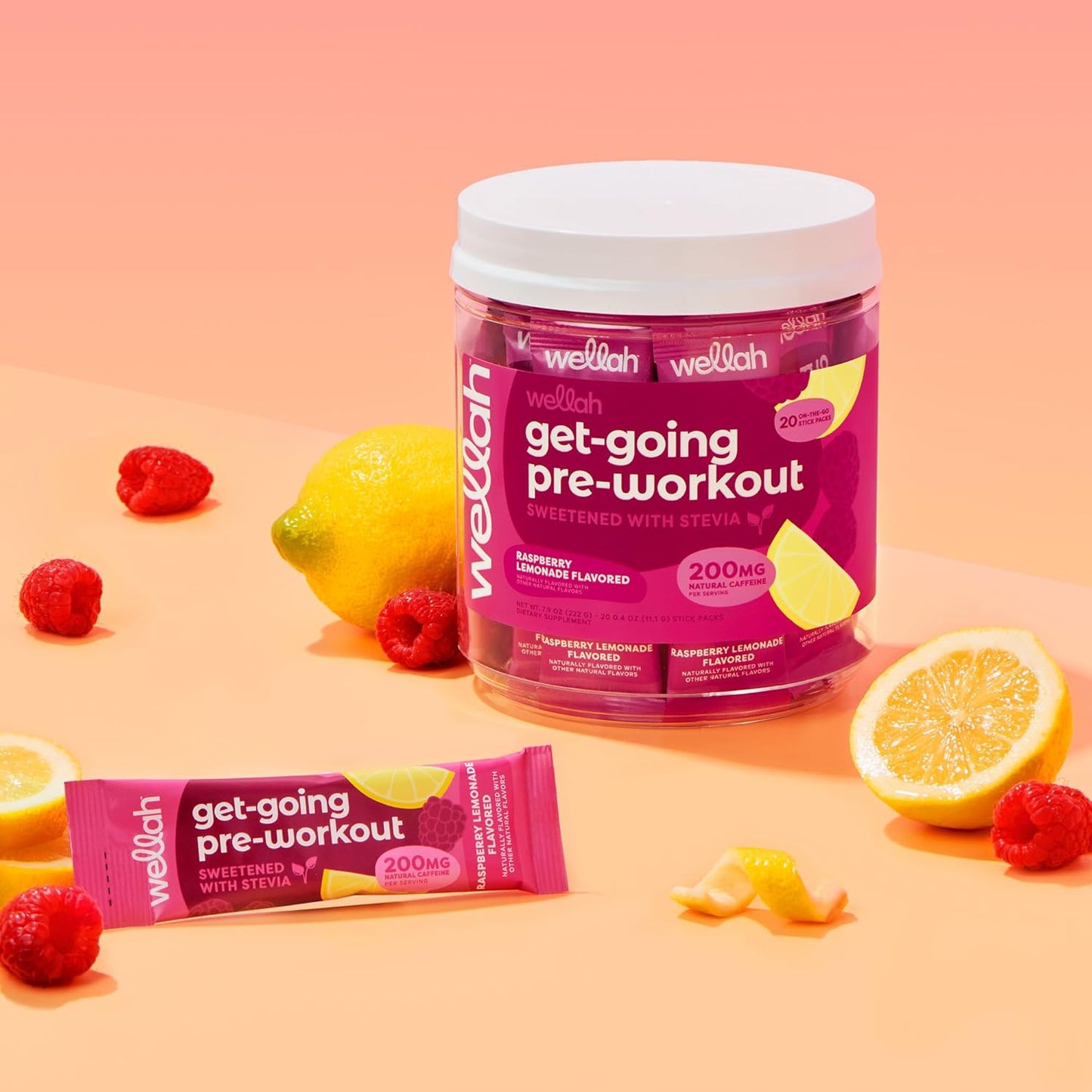 Wellah Raspberry Lemonade Pre-Workout Stickpacks - 20 Servings for Energy Boost & Stamina
