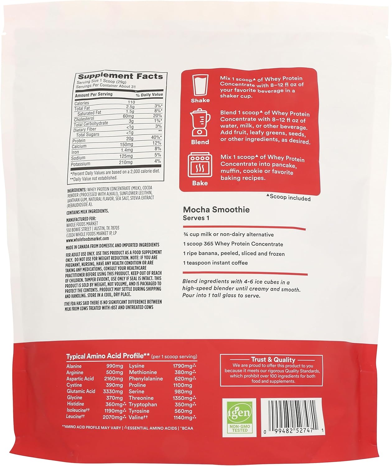 Whole Foods Market 365 Chocolate Whey Concentrate Protein Powder - 32 OZ