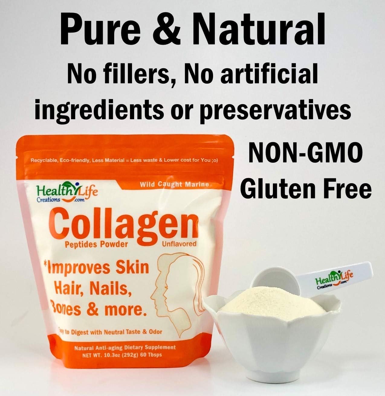 Wild Caught Marine Collagen Peptides Powder - 10.3 oz, Unflavored, Quick Dissolving - Anti-Aging, Gut & Joint Health - Sugar Free, Gluten Free, Non-GMO
