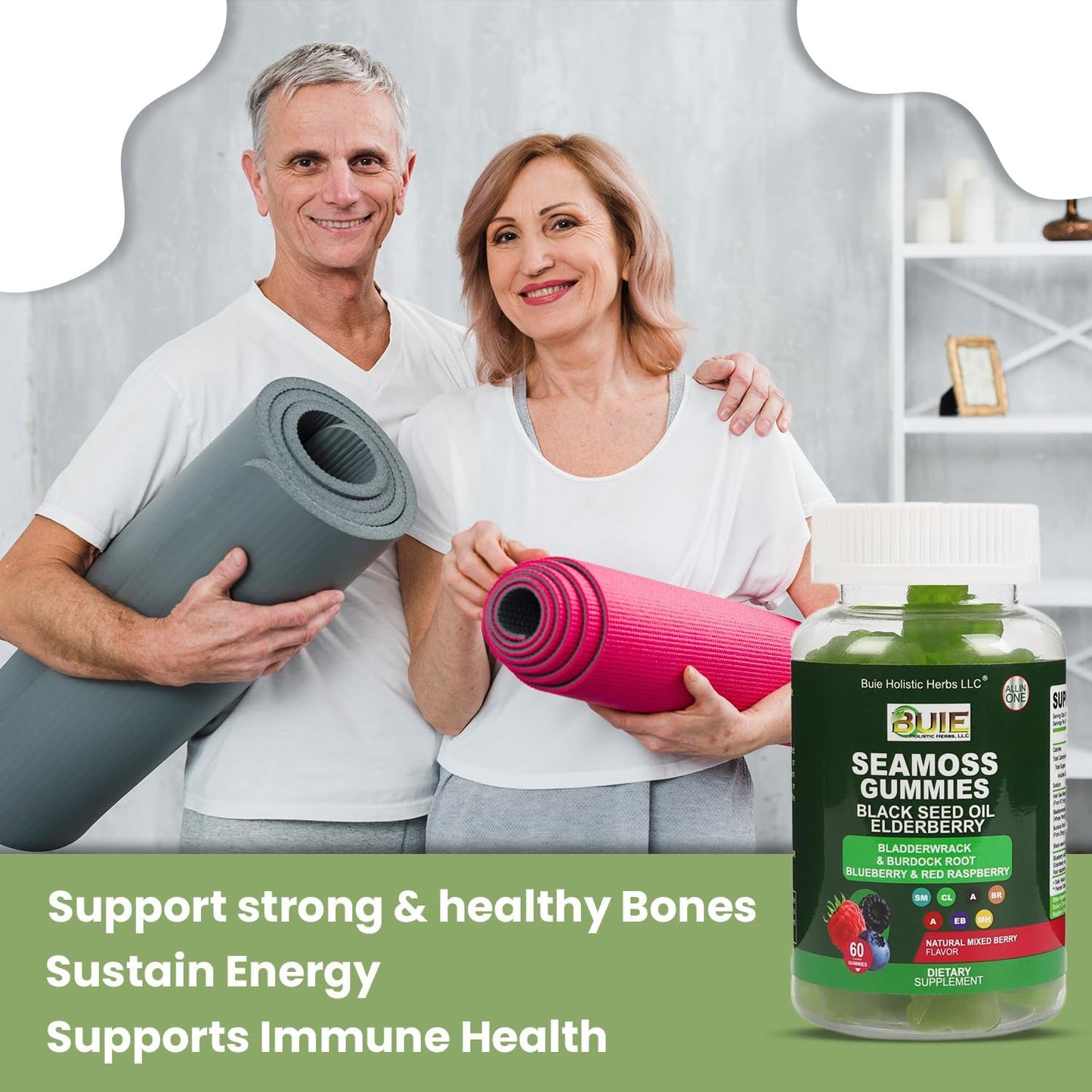 Wildcrafted Irish Sea Moss Gummies with Bladderwrack & Burdock Root - Vegan Immune & Thyroid Support - Non-GMO, Gluten-Free - 60 ct.