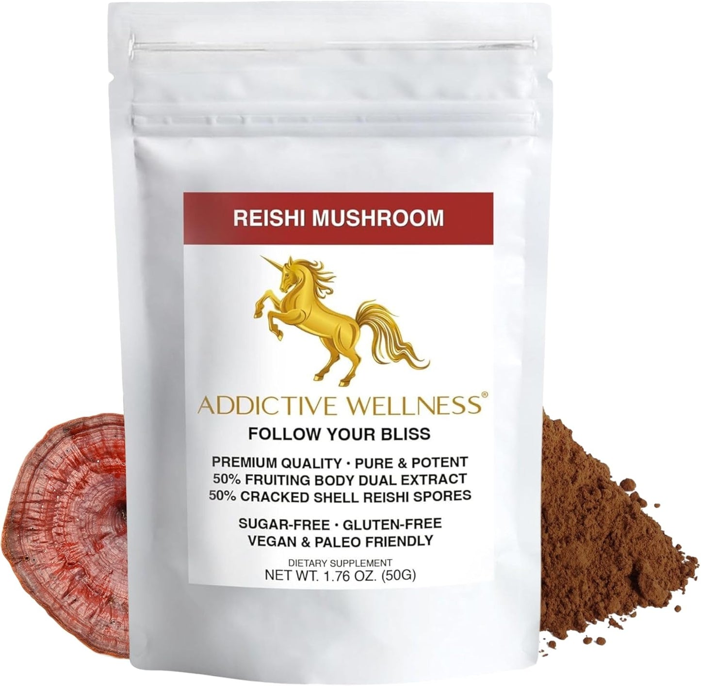 Wildcrafted Reishi Mushroom Extract Powder (50/50 Blend) with Spores - Pure & Potent Wood Grown Ganoderma - 50g (1.76 oz)