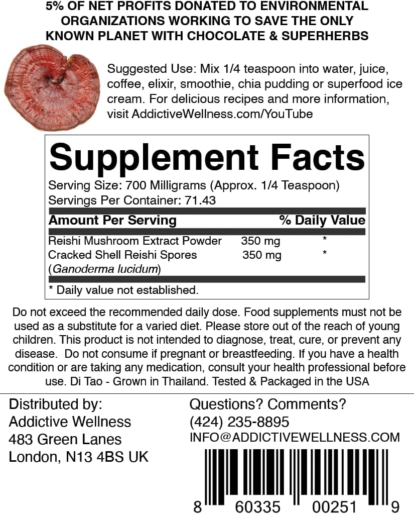 Wildcrafted Reishi Mushroom Extract Powder (50/50 Blend) with Spores - Pure & Potent Wood Grown Ganoderma - 50g (1.76 oz)