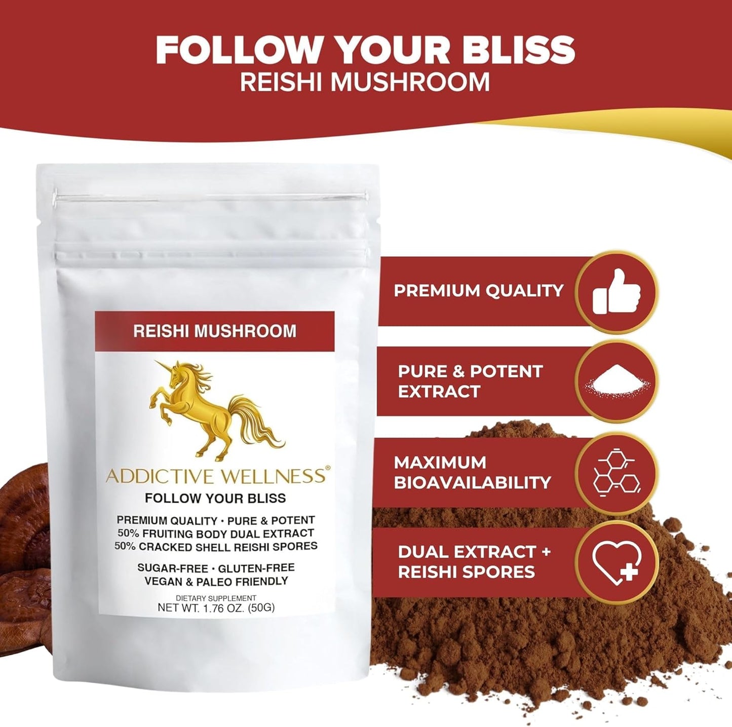 Wildcrafted Reishi Mushroom Extract Powder (50/50 Blend) with Spores - Pure & Potent Wood Grown Ganoderma - 50g (1.76 oz)