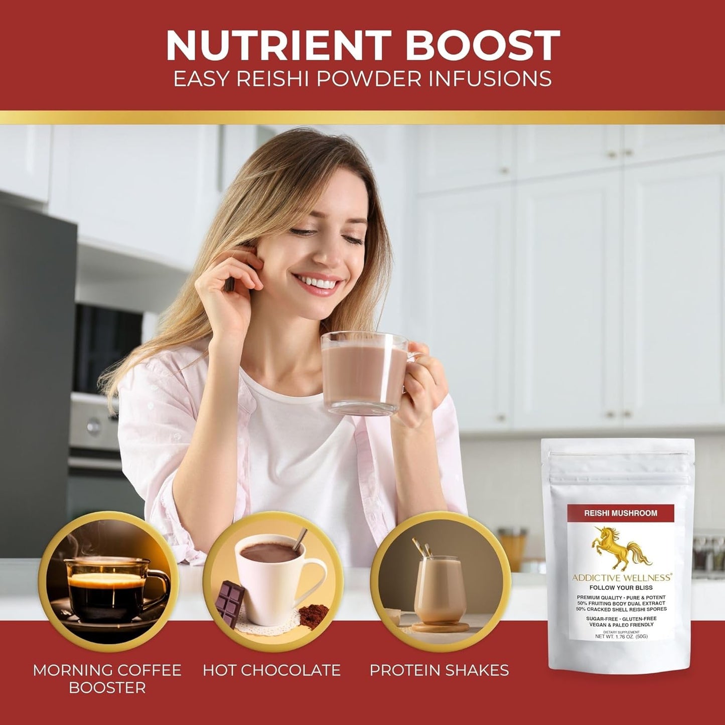 Wildcrafted Reishi Mushroom Extract Powder (50/50 Blend) with Spores - Pure & Potent Wood Grown Ganoderma - 50g (1.76 oz)