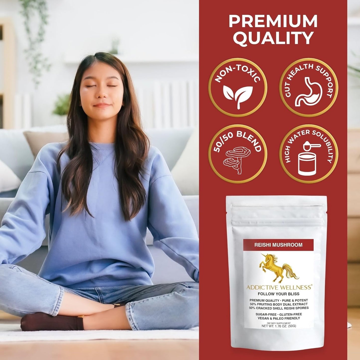Wildcrafted Reishi Mushroom Extract Powder (50/50 Blend) with Spores - Pure & Potent Wood Grown Ganoderma - 50g (1.76 oz)