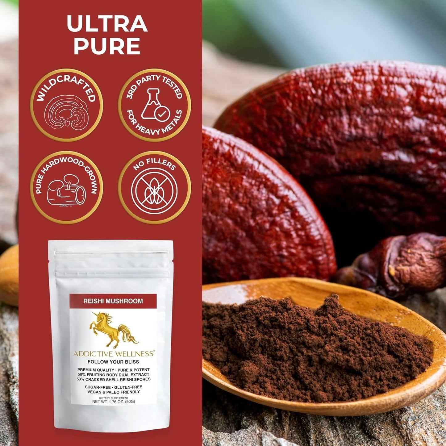 Wildcrafted Reishi Mushroom Extract Powder (50/50 Blend) with Spores - Pure & Potent Wood Grown Ganoderma - 50g (1.76 oz)