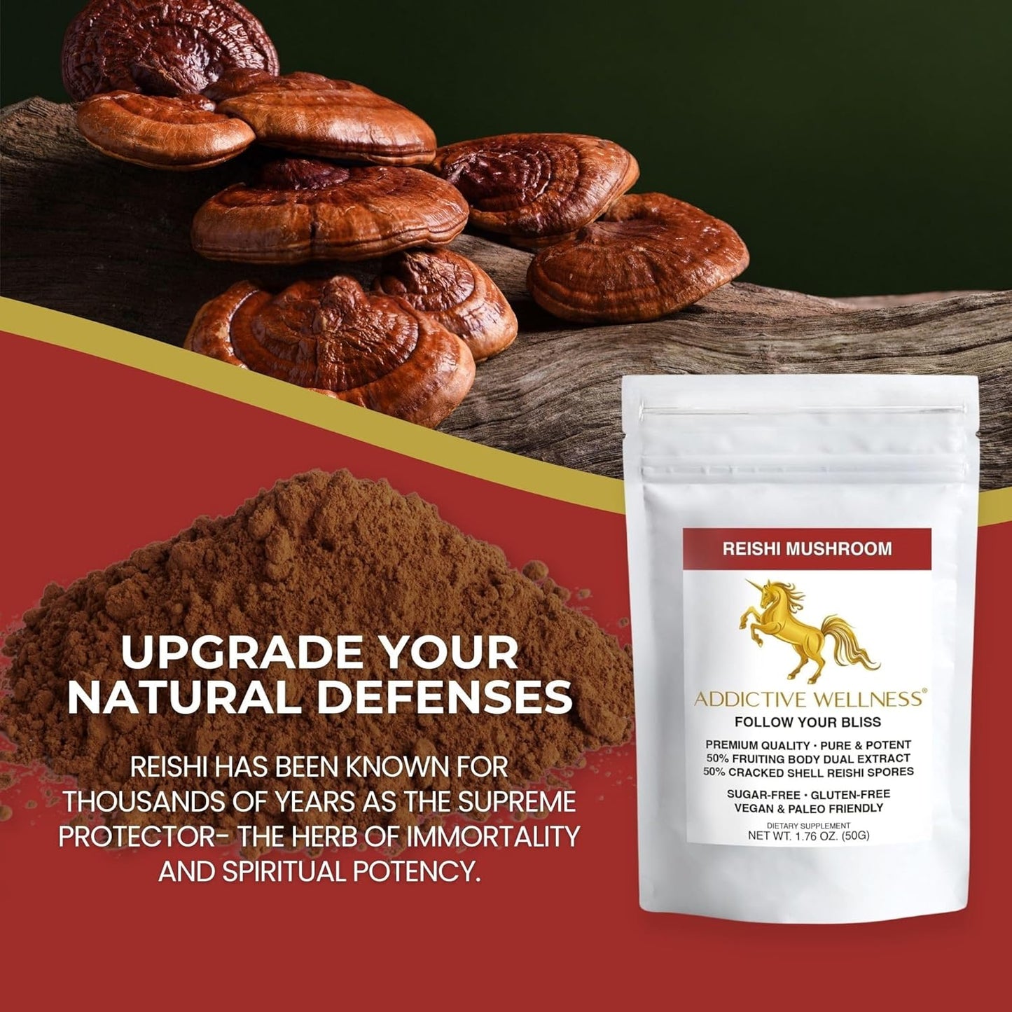 Wildcrafted Reishi Mushroom Extract Powder (50/50 Blend) with Spores - Pure & Potent Wood Grown Ganoderma - 50g (1.76 oz)
