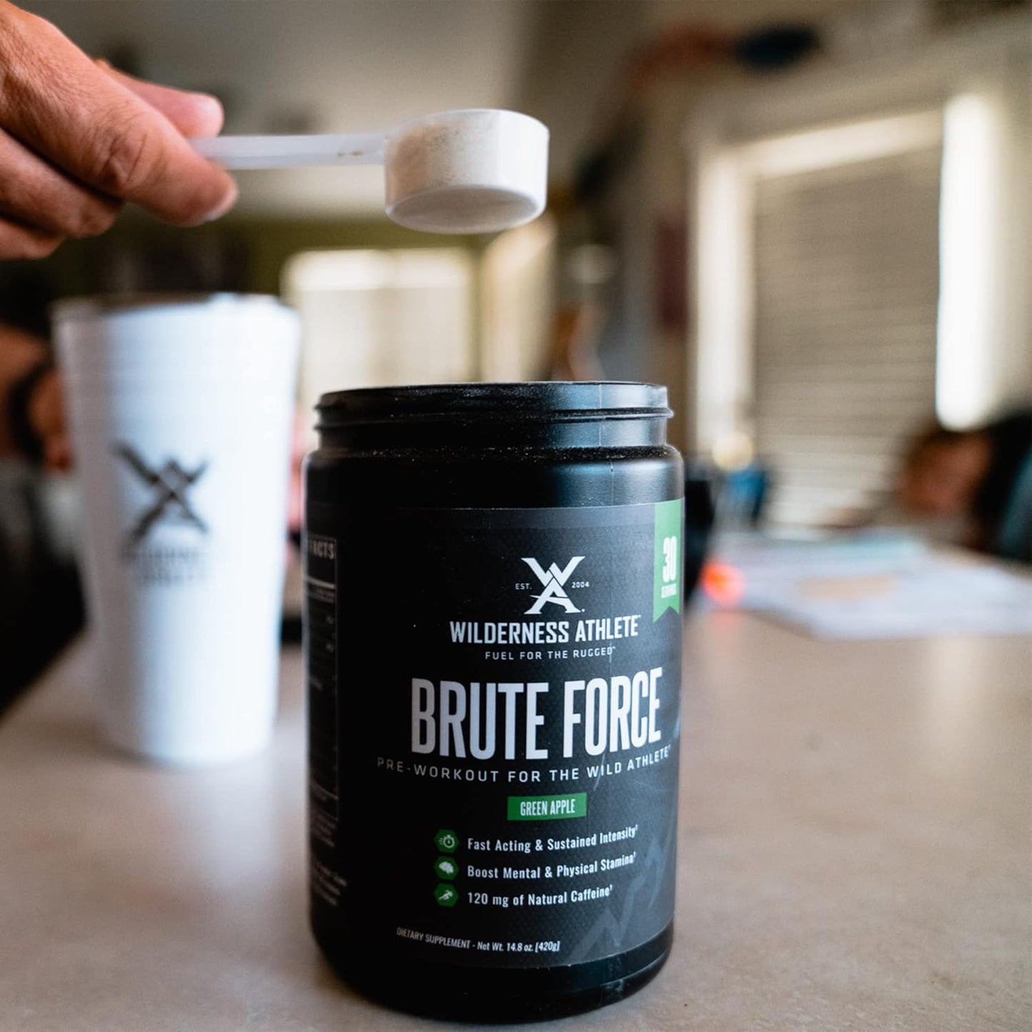 Wilderness Athlete Brute Force Pre-Workout Powder - Natural Caffeine Drink for Men & Women - Green Apple Flavor