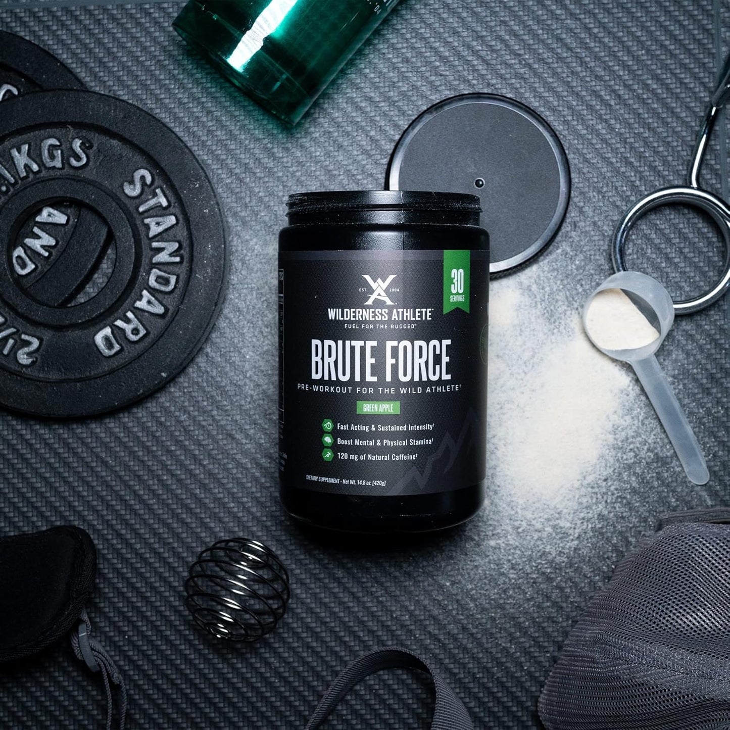 Wilderness Athlete Brute Force Pre-Workout Powder - Natural Caffeine Drink for Men & Women - Green Apple Flavor