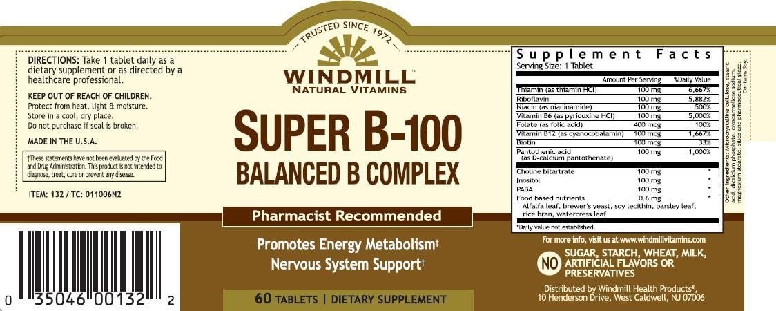 Windmill Vitamin B-100 Complex Tablets - 60 Count Bottle
