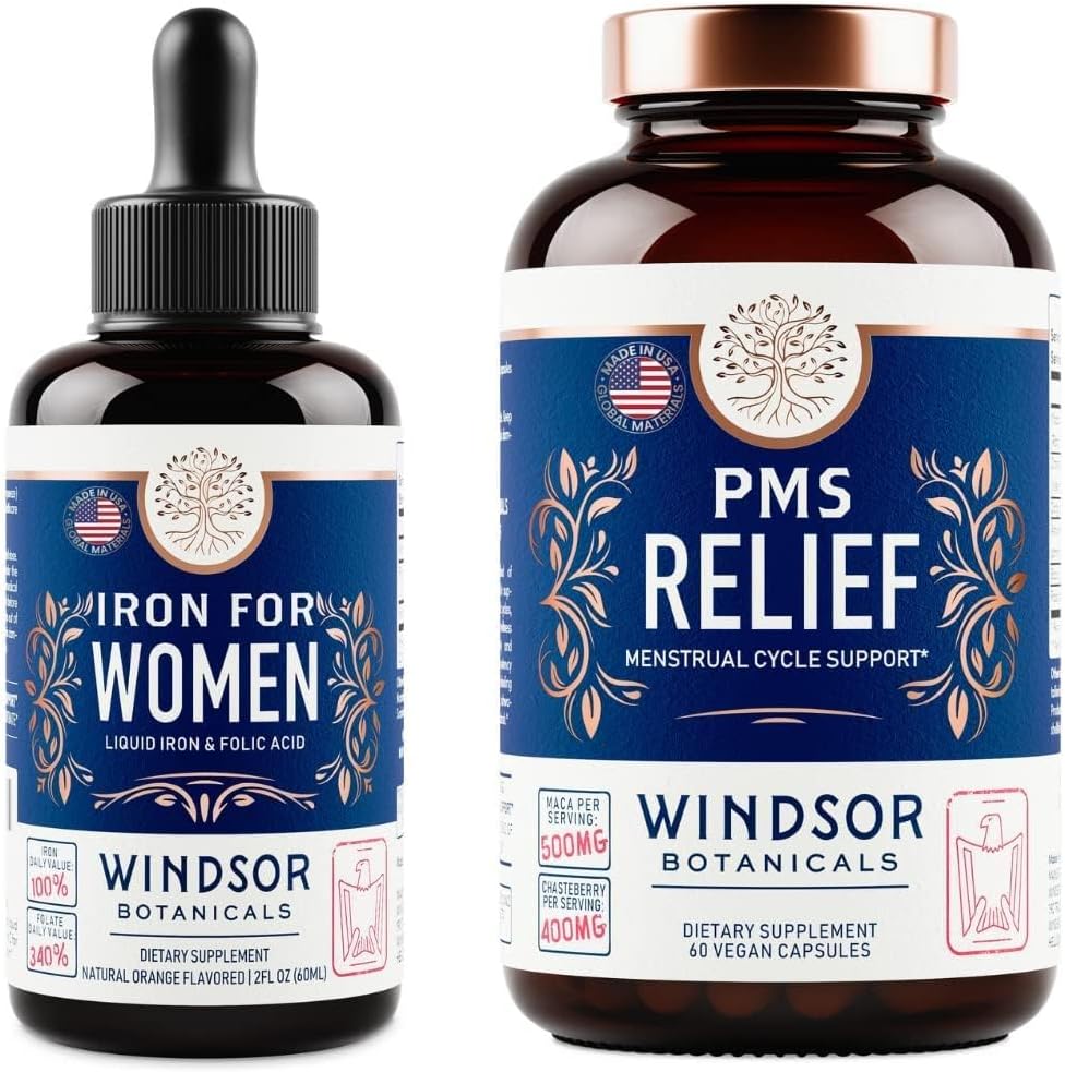 WINDSOR BOTANICALS Liquid Iron & PMS Relief Capsules Women's Combo Pack