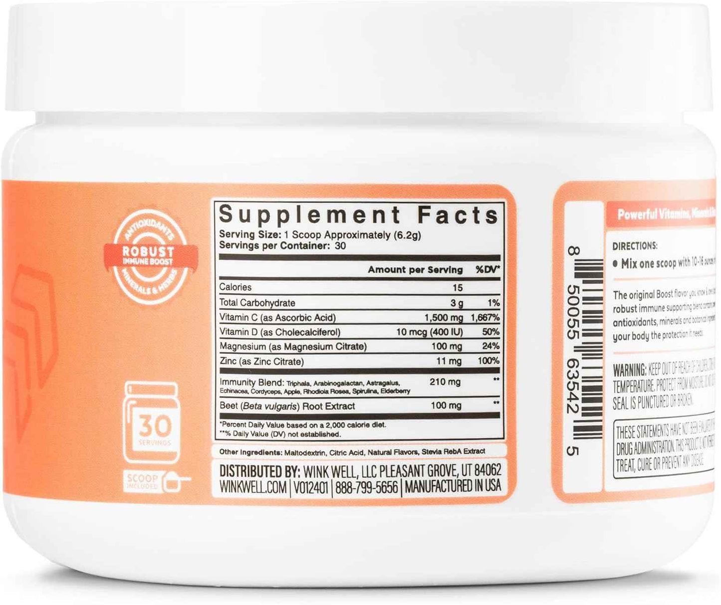 Wink Well Boost Vitamin C Powder Energy Drink for Immune Booster and Antioxidant Contains Vitamin C 100% Pure Ascorbic Acid, Vitamin D3 Cholecalciferol Magnesium, and Zinc 30 Servings