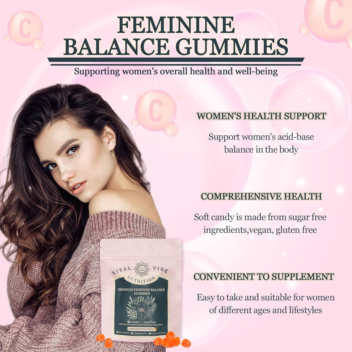 Women's Health & Wellness Gummies - Vegan Feminine Balance Support with Hawaiian Pineapple Flavor - 60 Gummies