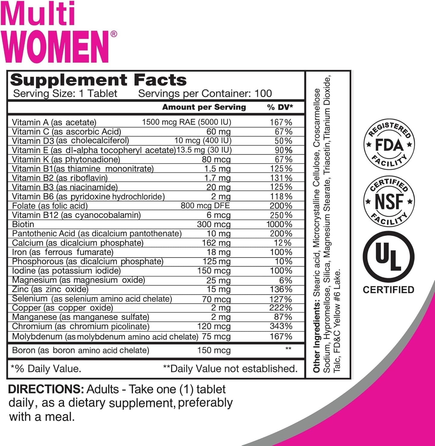 Women's Multi-Vitamin Dietary Supplement with Essential Nutrients - Amino Acids, Antioxidants - 100 Tablets