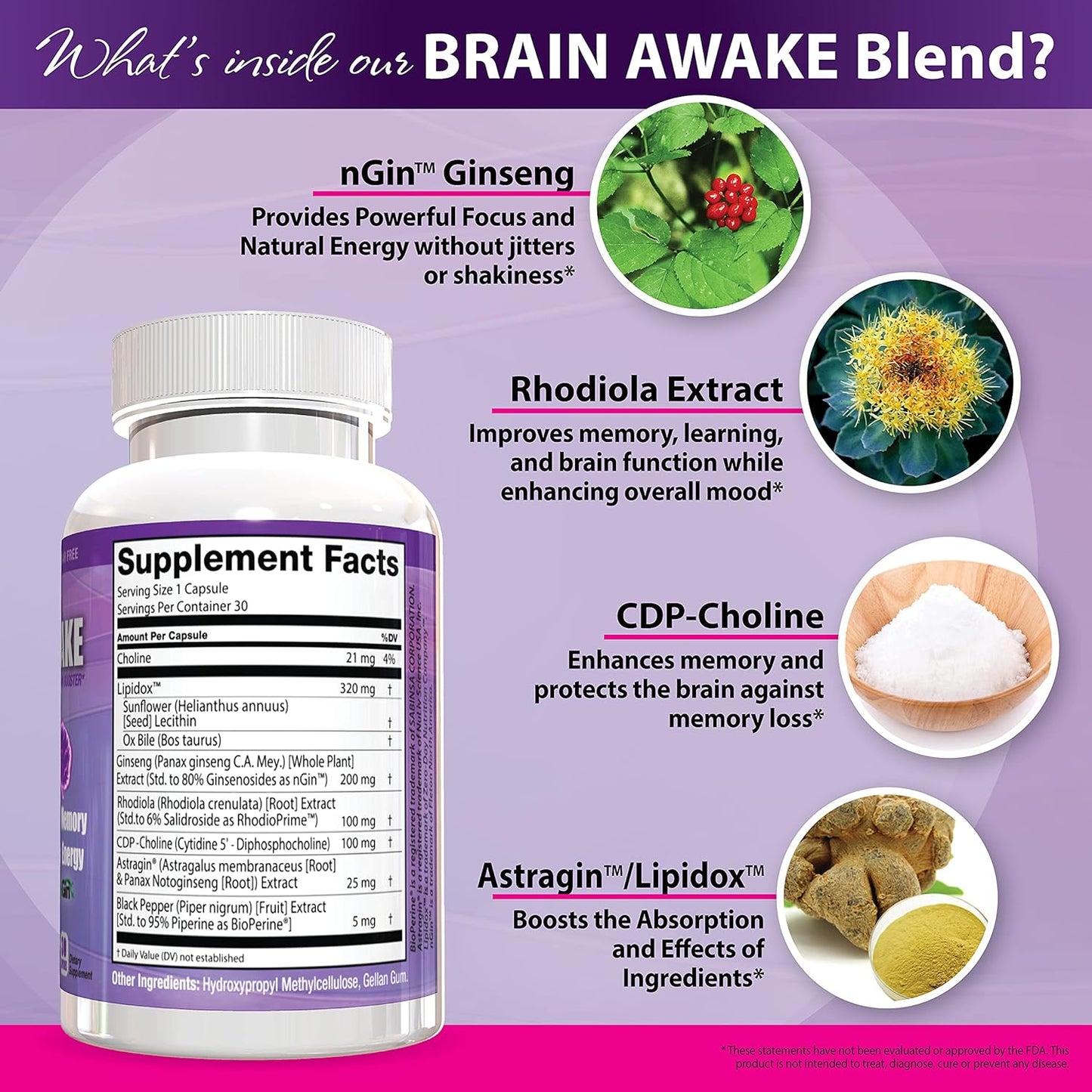 Women's Natural Energy Brain Booster Pills - Nootropic Focus & Memory Supplement for Super Moms - 30 Day Supply