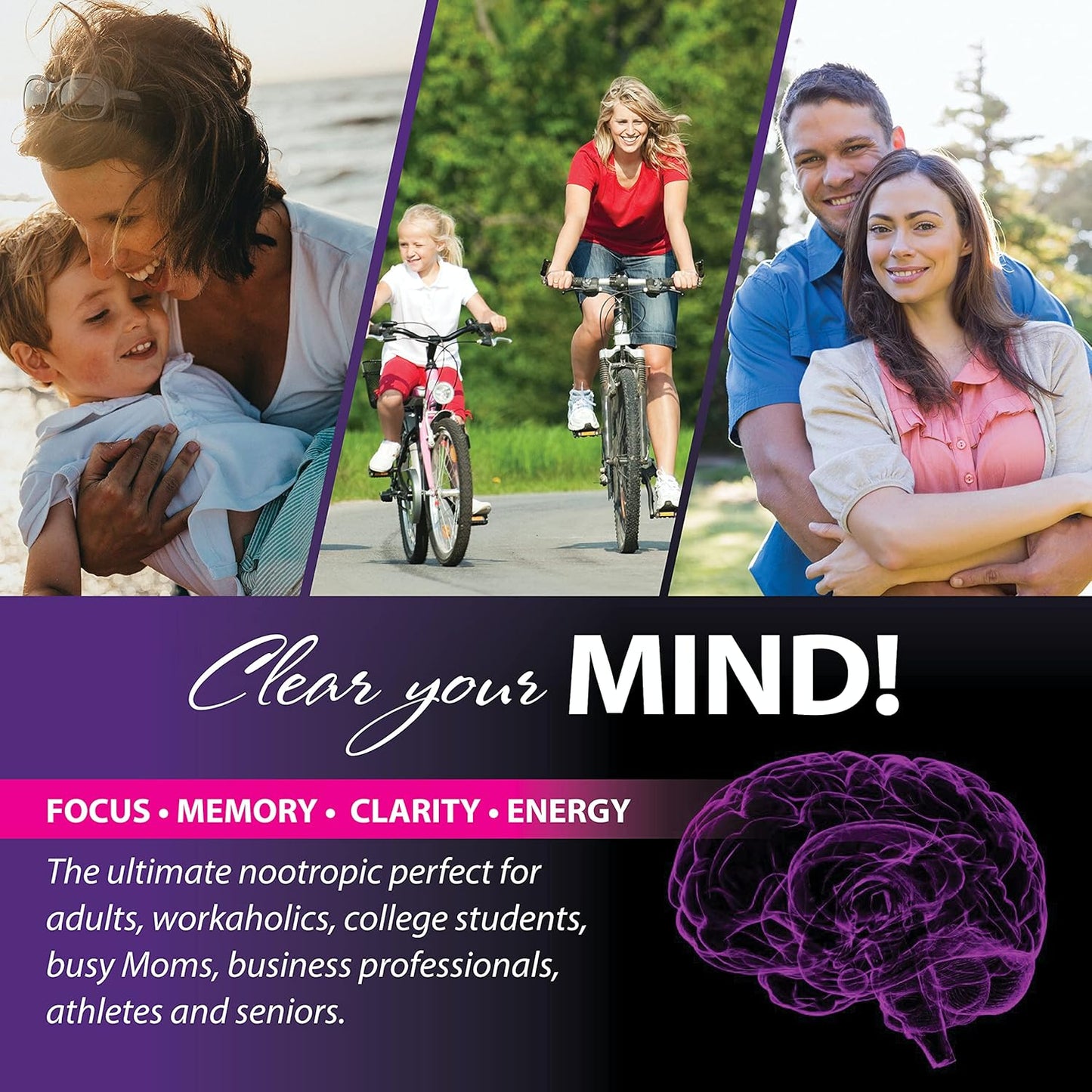 Women's Natural Energy Brain Booster Pills - Nootropic Focus & Memory Supplement for Super Moms - 30 Day Supply