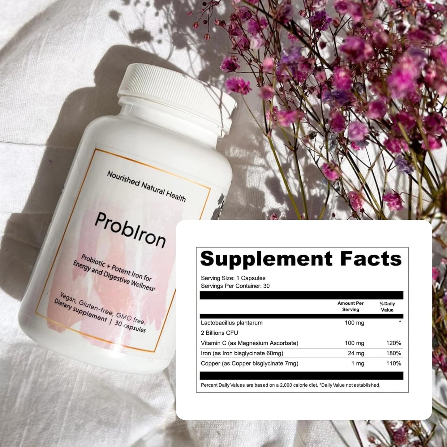 Women's Probiotic and Iron Supplement with Vitamin C and Copper - Vegan Formula for Energy and Digestive Wellness - 180 Capsules by Nourished Natural Health