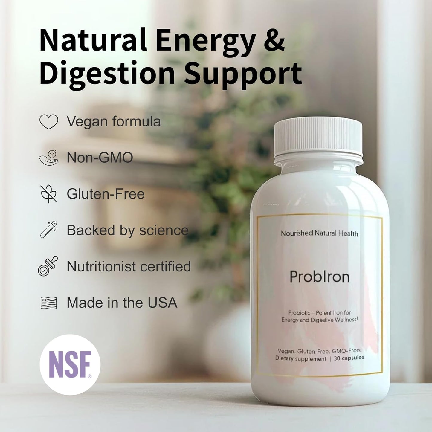 Women's Probiotic and Iron Supplement with Vitamin C and Copper - Vegan Formula for Energy and Digestive Wellness - 180 Capsules by Nourished Natural Health