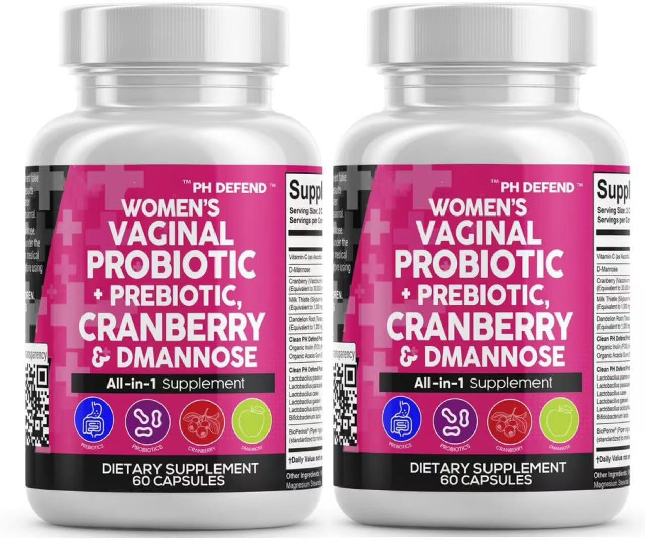Women's Vaginal Probiotic Supplement with Prebiotics, Cranberry, D-Mannose, Dandelion Root - 120 Capsules, 20 Billion CFU, PH Balance Formula
