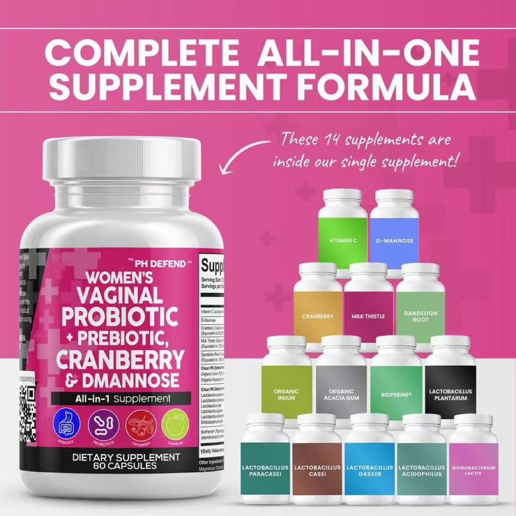 Women's Vaginal Probiotic Supplement with Prebiotics, Cranberry, D-Mannose, Dandelion Root - 120 Capsules, 20 Billion CFU, PH Balance Formula