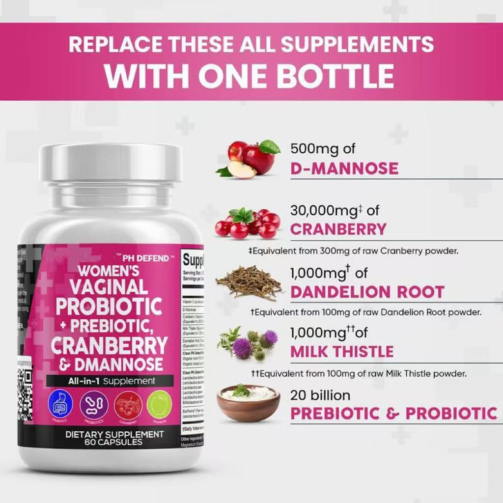 Women's Vaginal Probiotic Supplement with Prebiotics, Cranberry, D-Mannose, Dandelion Root - 120 Capsules, 20 Billion CFU, PH Balance Formula