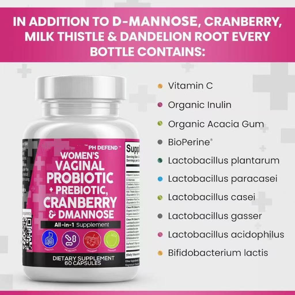 Women's Vaginal Probiotic Supplement with Prebiotics, Cranberry, D-Mannose, Dandelion Root - 120 Capsules, 20 Billion CFU, PH Balance Formula
