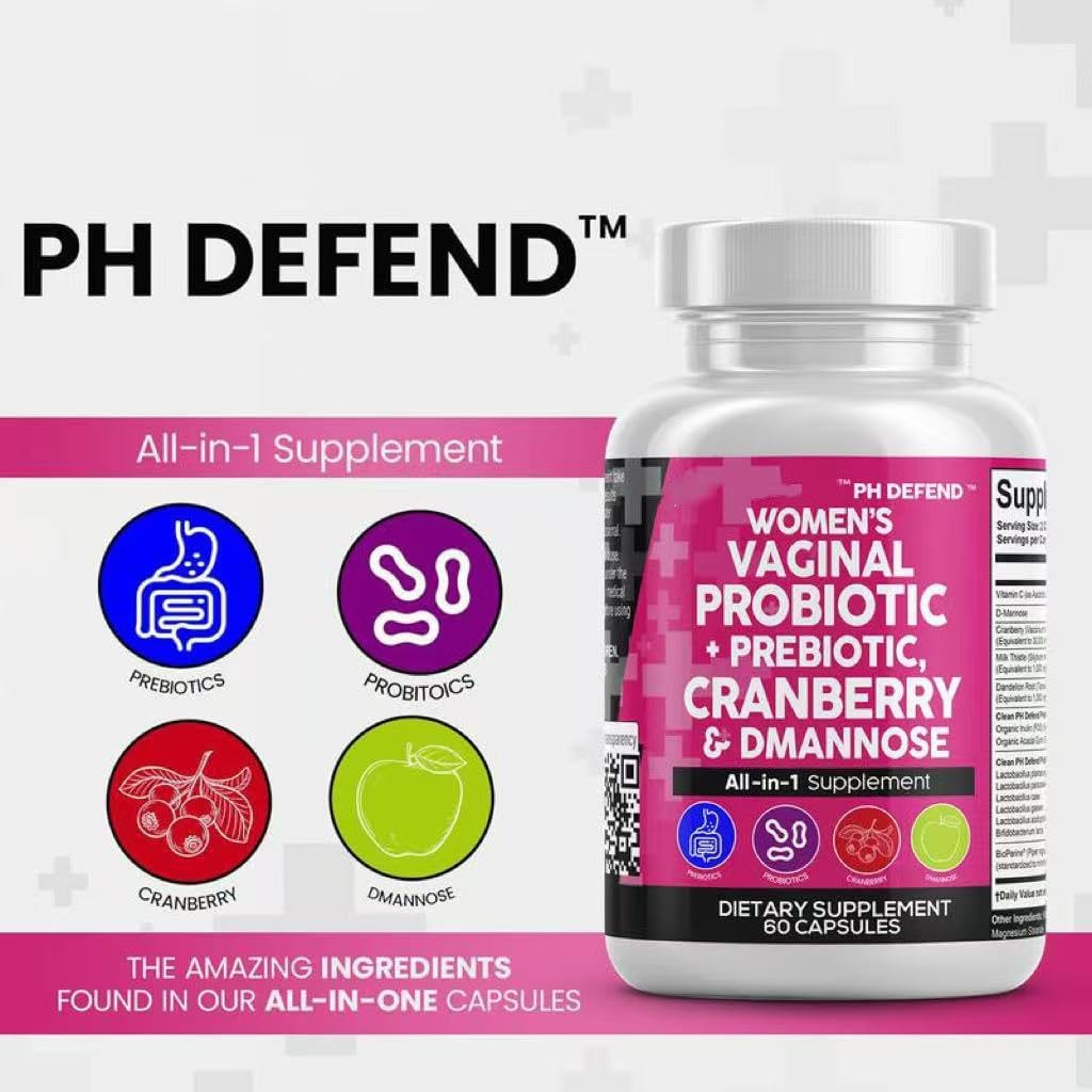 Women's Vaginal Probiotic Supplement with Prebiotics, Cranberry, D-Mannose, Dandelion Root - 120 Capsules, 20 Billion CFU, PH Balance Formula