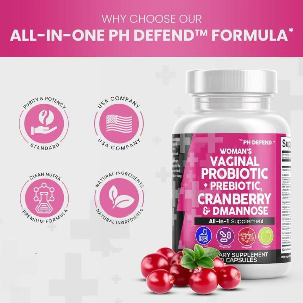 Women's Vaginal Probiotic Supplement with Prebiotics, Cranberry, D-Mannose, Dandelion Root - 120 Capsules, 20 Billion CFU, PH Balance Formula