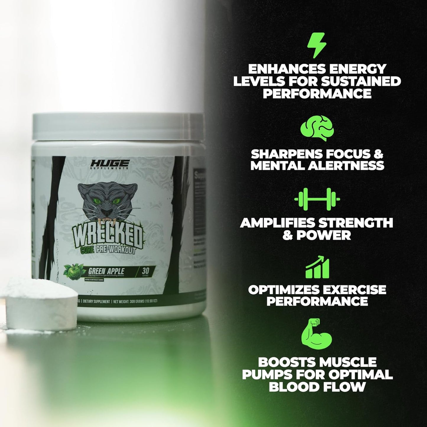Wrecked Core All-in-One Pre-Workout Supplement - Boost Energy, Focus, and Pumps with L-Citrulline, Beta-Alanine, and More - Green Apple (30 Servings)