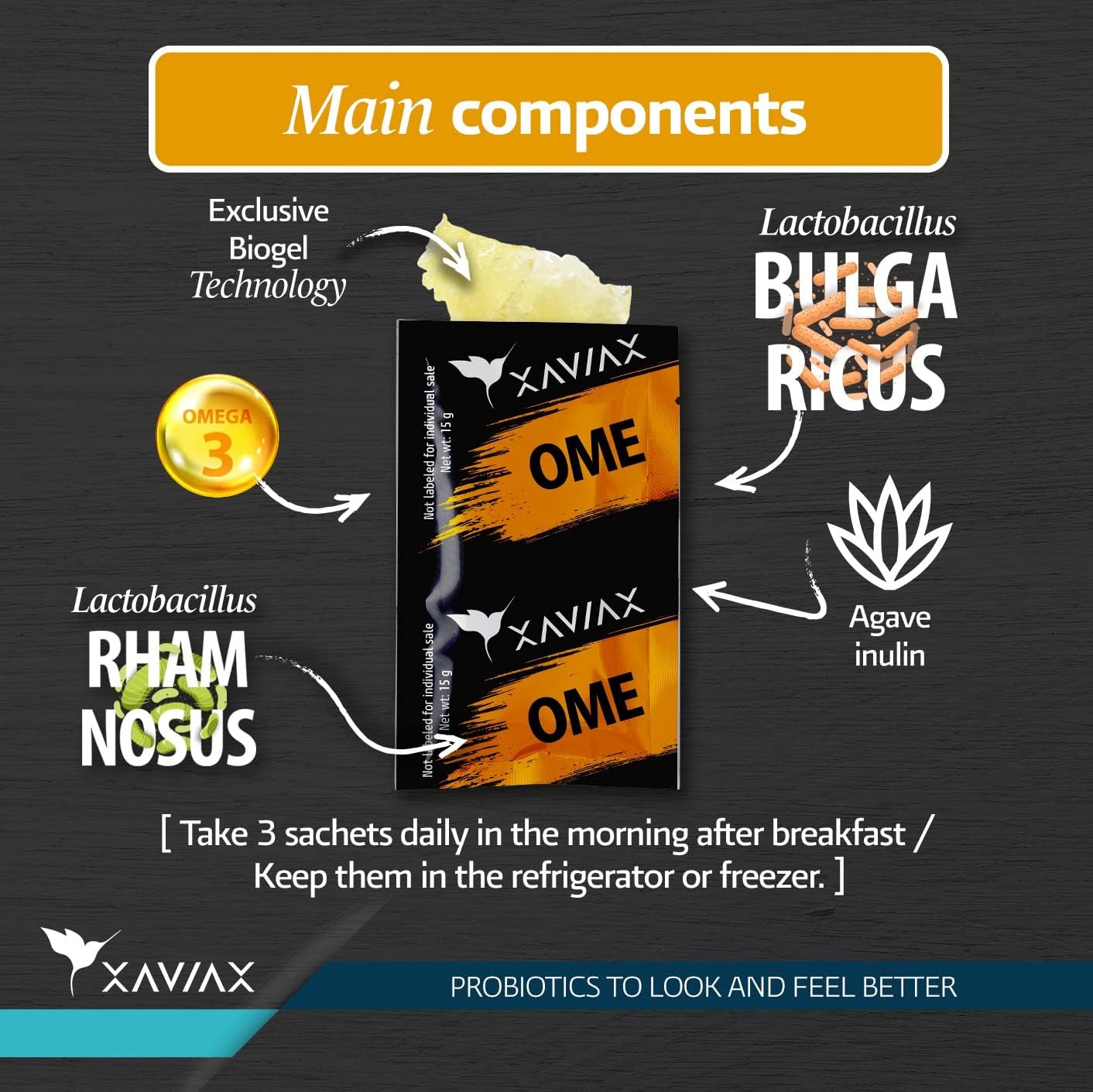 XAVIAX Probiotic Gel with Omega 3 Mango Flavor - Immune Support Supplement for Better Concentration & Memory - 30 Envelopes
