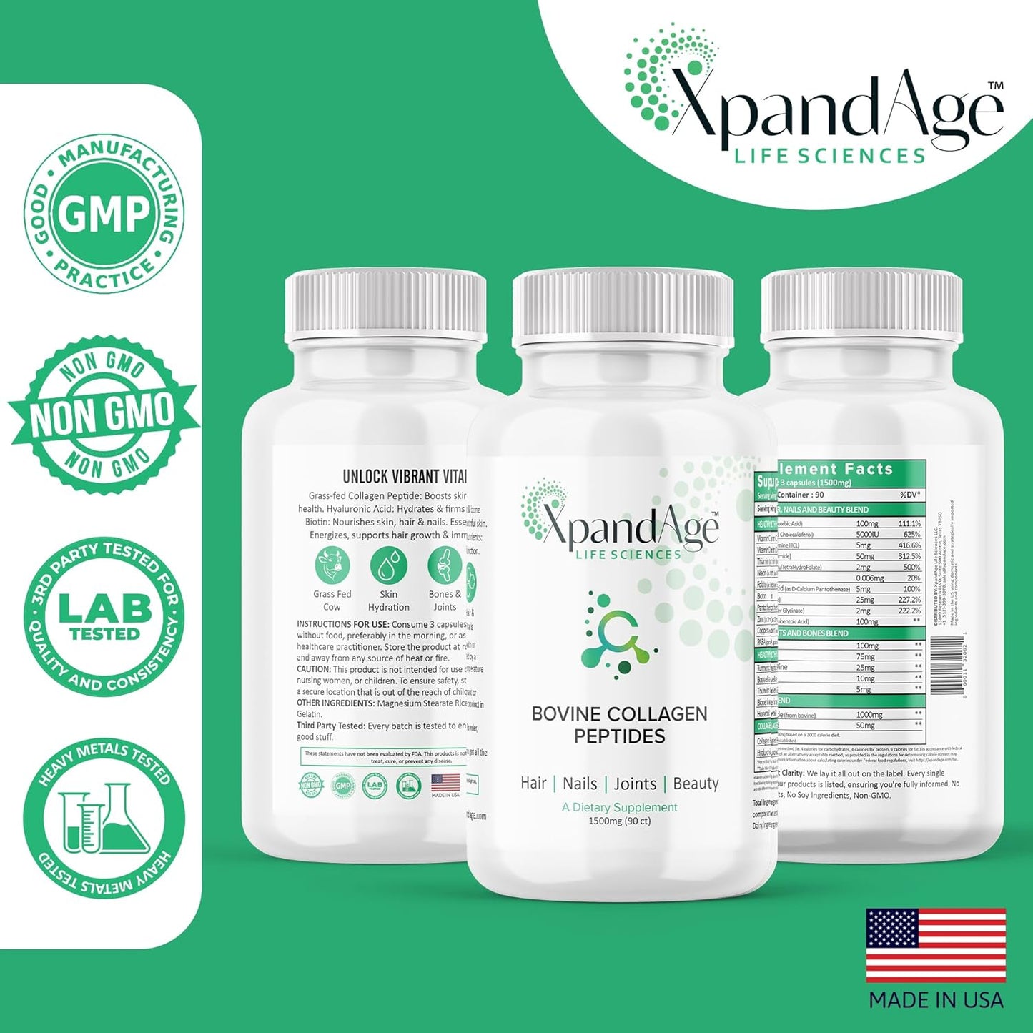 XpandAge Bovine Collagen Peptides with Biotin, Niacin, Vitamin C & D, Hyaluronic Acid, Turmeric - Hair, Nails, Joints, Bones - Life Sciences