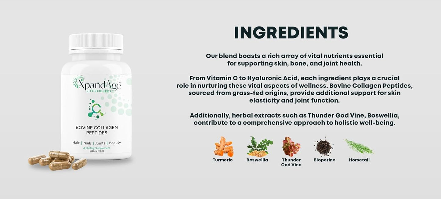 XpandAge Bovine Collagen Peptides with Biotin, Niacin, Vitamin C & D, Hyaluronic Acid, Turmeric - Hair, Nails, Joints, Bones - Life Sciences