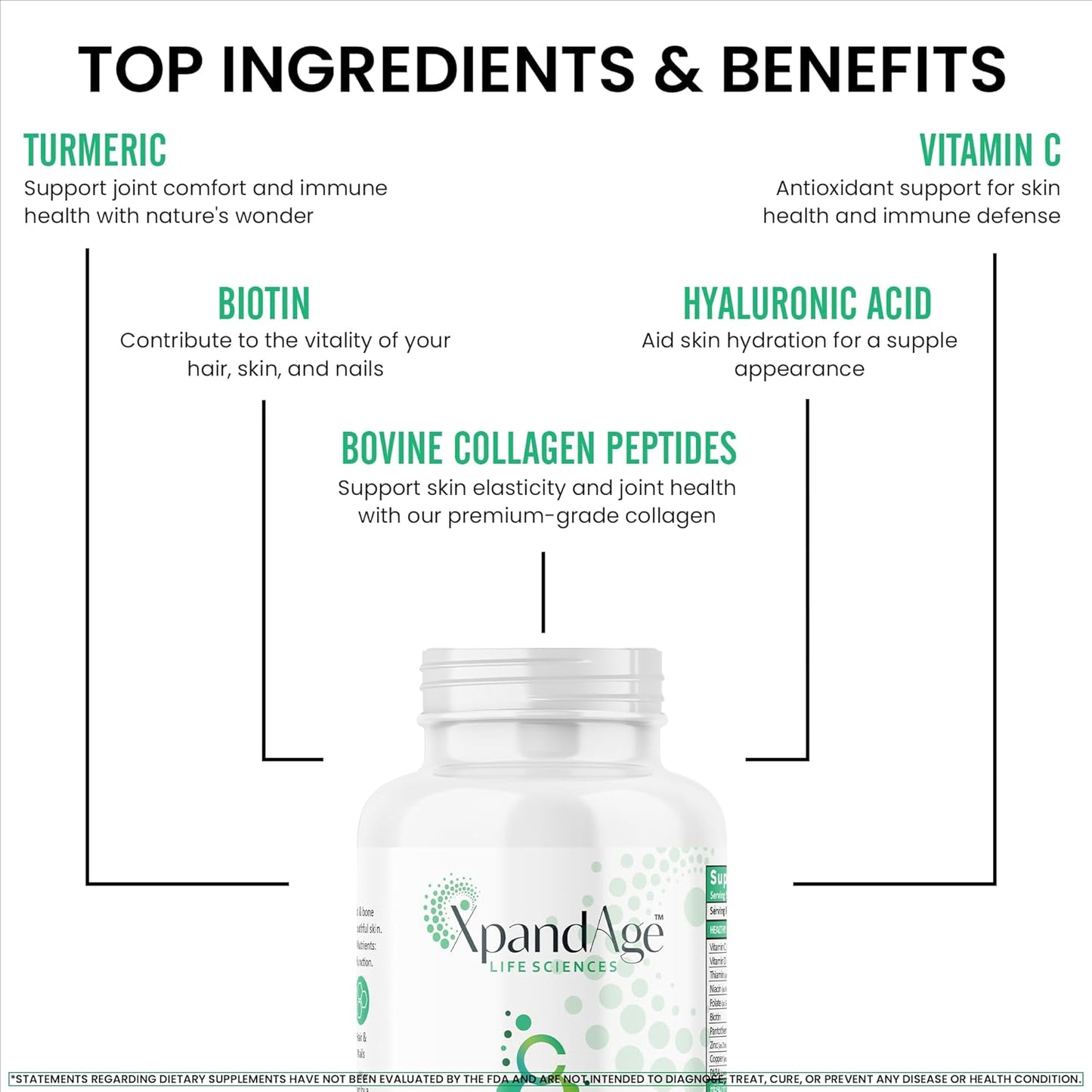 XpandAge Bovine Collagen Peptides with Biotin, Niacin, Vitamin C & D, Hyaluronic Acid, Turmeric - Hair, Nails, Joints, Bones - Life Sciences