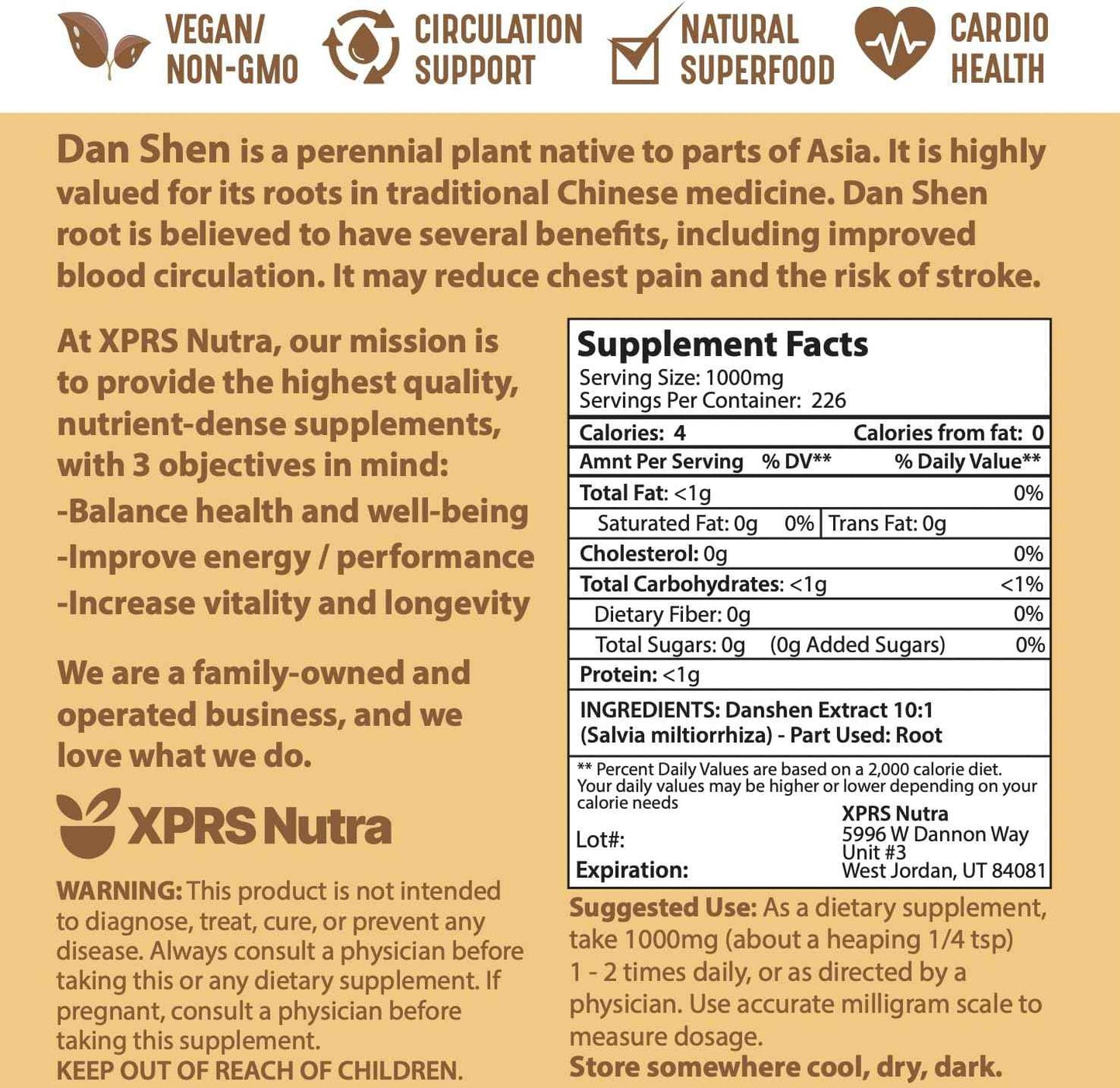 XPRS Nutra Dan Shen Root Extract Powder 10:1- Premium Dan Shen (Red Sage) Concentrated Powder - Vegan Friendly Danshen (8 oz)