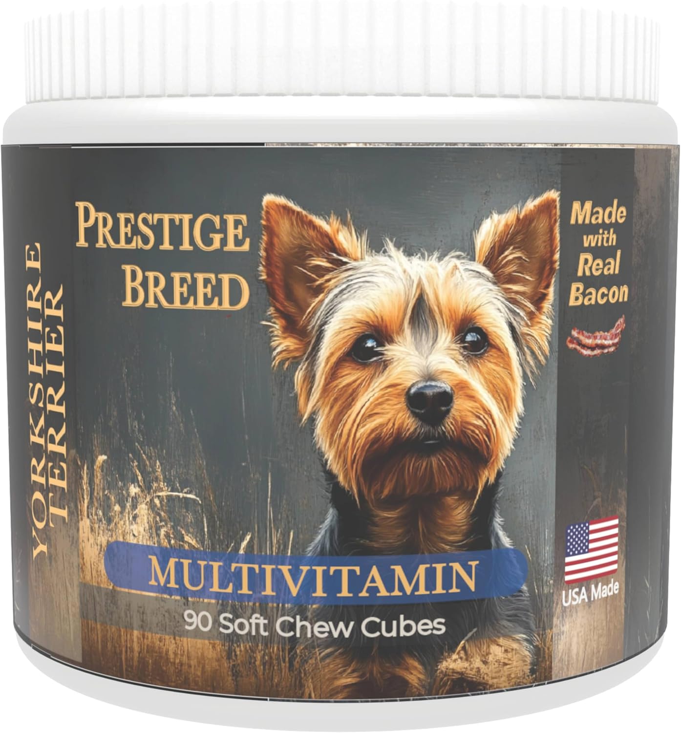 Yorkie Multivitamin Supplement, 90 Count, Made in USA with Real Bacon - Balanced Nutrition for Prestige Breeds