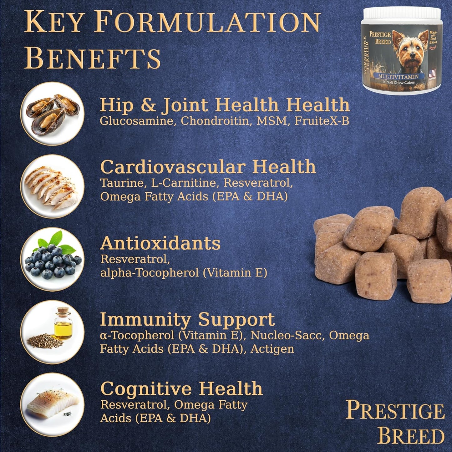 Yorkie Multivitamin Supplement, 90 Count, Made in USA with Real Bacon - Balanced Nutrition for Prestige Breeds