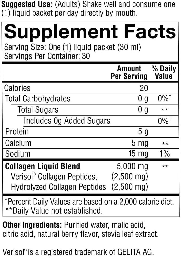 Youtheory Collagen Liquid Supplement for Skin, Hair, and Nails - Berry Flavor - 30 Packets