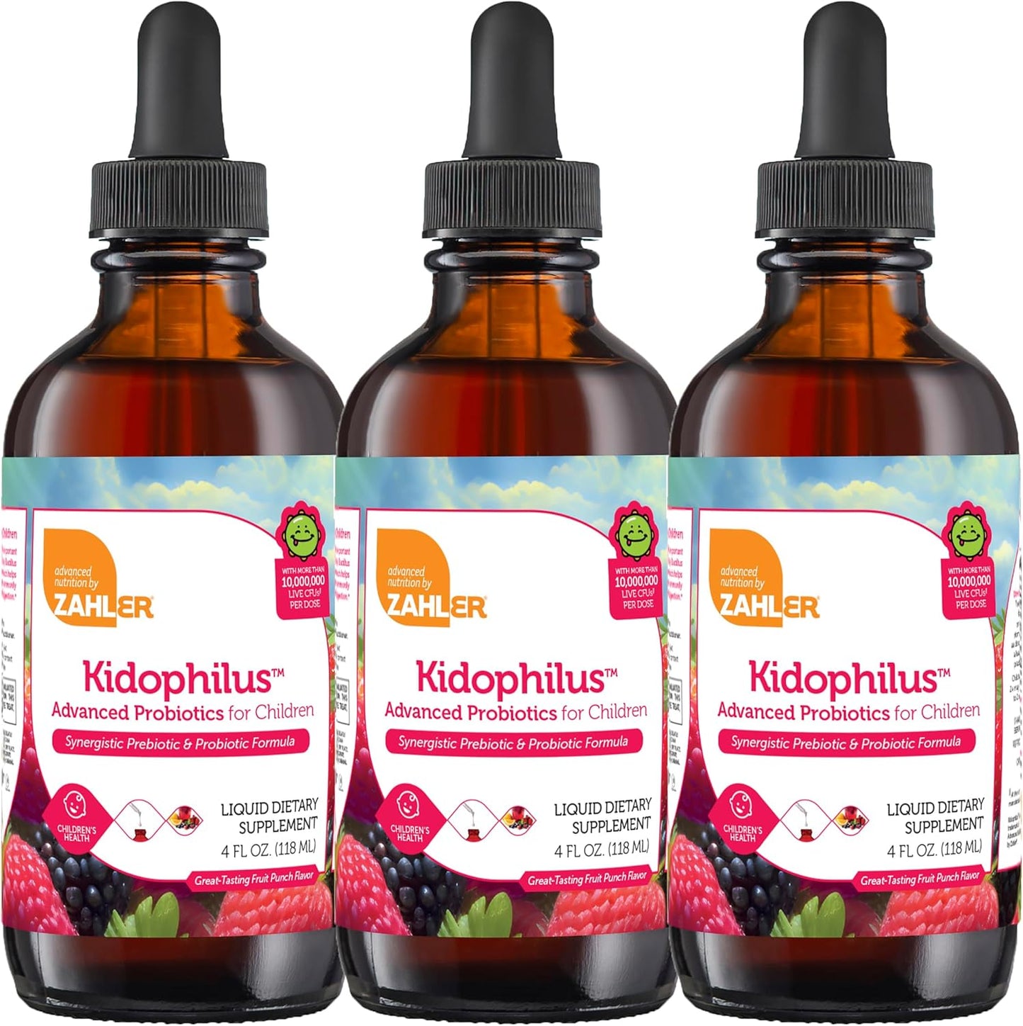 Zahler Kidophilus Liquid Drops Probiotics for Kids - Certified Kosher, Fruit Punch Flavored Children's Probiotic Supplement - 3 Pack of 4 Fl Oz Bottles for Healthy Digestion & Immune Support